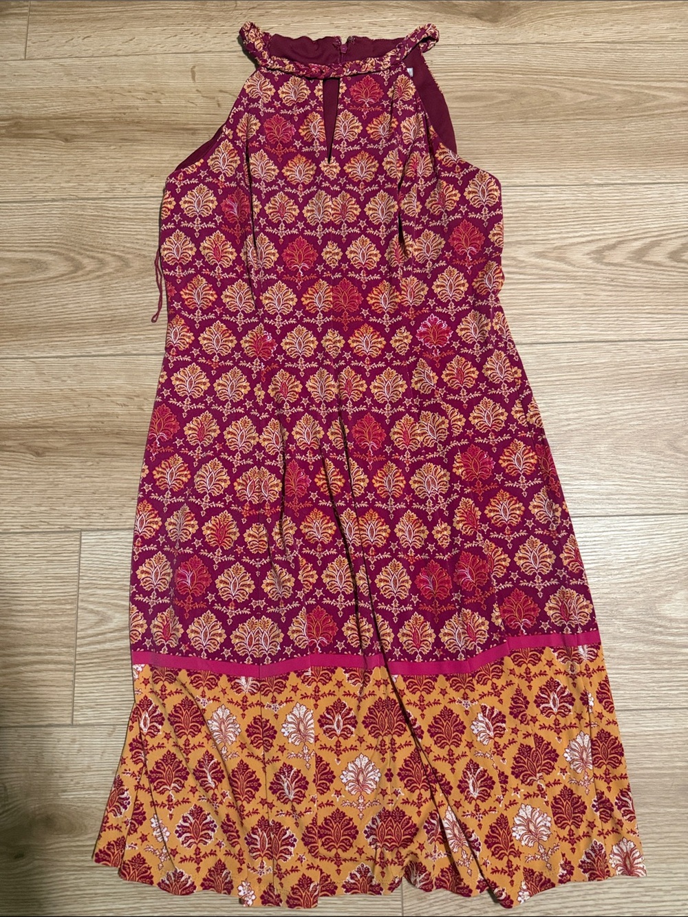 Wisp' Halter Neck Printed Midi Dress in Magenta and Orange
